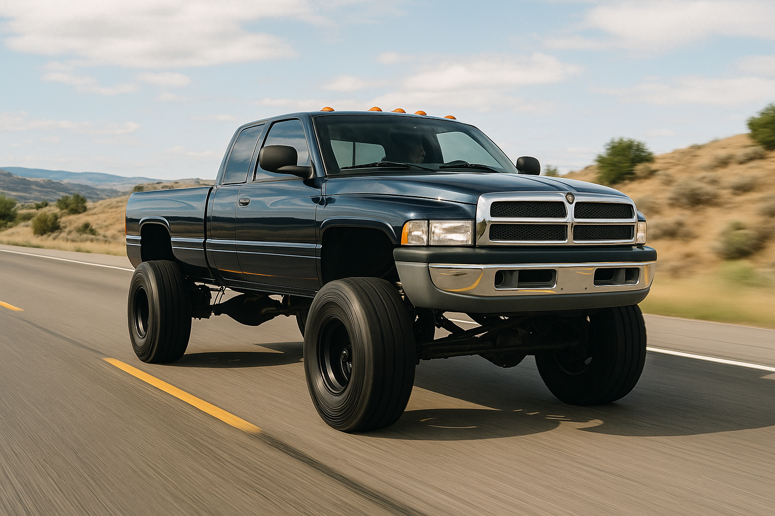Lifted 2nd gen dodge ram 3500 going down highway